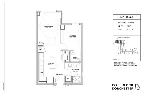 Floor plan for 1 bed, 1 bath, 675 sqft